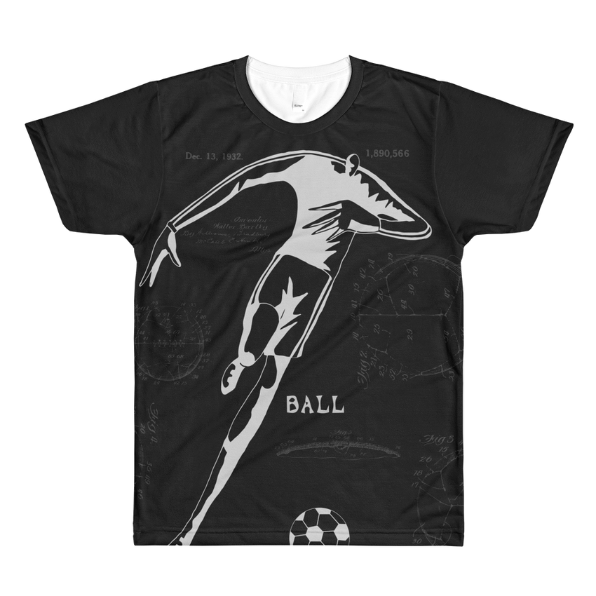 PATENT Soccer Ball • Fellas - Front & Back All-Over Print Black T-Shirt - Chosen Tees